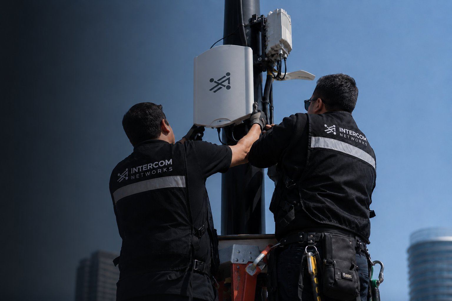 Técnicos de INTERCOM Networks instalando punto de acceso WiFi